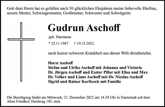 Traueranzeige von Gudrun Aschoff von vrm-trauer Darmstädter Echo