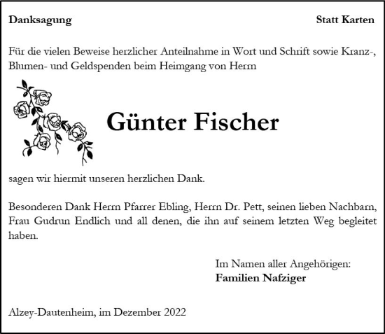 Traueranzeige von Günter Fischer von vrm-trauer Allgemeine Zeitung Alzey