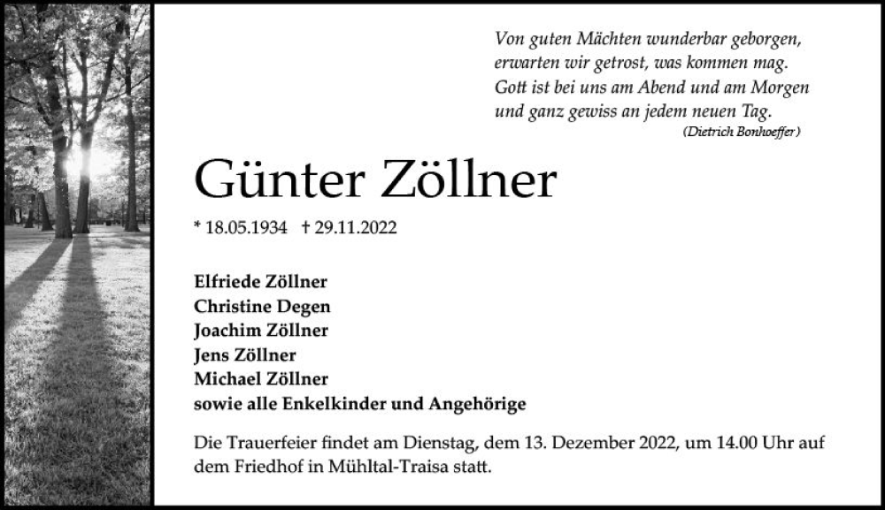  Traueranzeige für Günter Zöllner vom 10.12.2022 aus vrm-trauer Darmstädter Echo