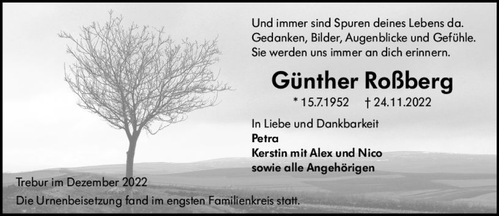  Traueranzeige für Günther Roßberg vom 10.12.2022 aus vrm-trauer Rüsselsheimer Echo / MainSpitze