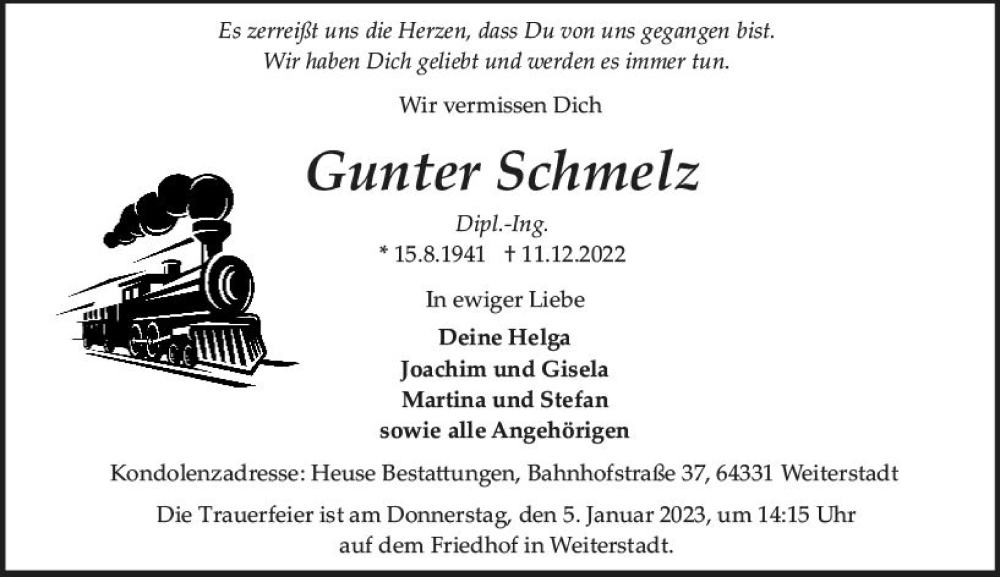 Traueranzeige für Gunter Schmelz vom 17.12.2022 aus vrm-trauer Darmstädter Echo