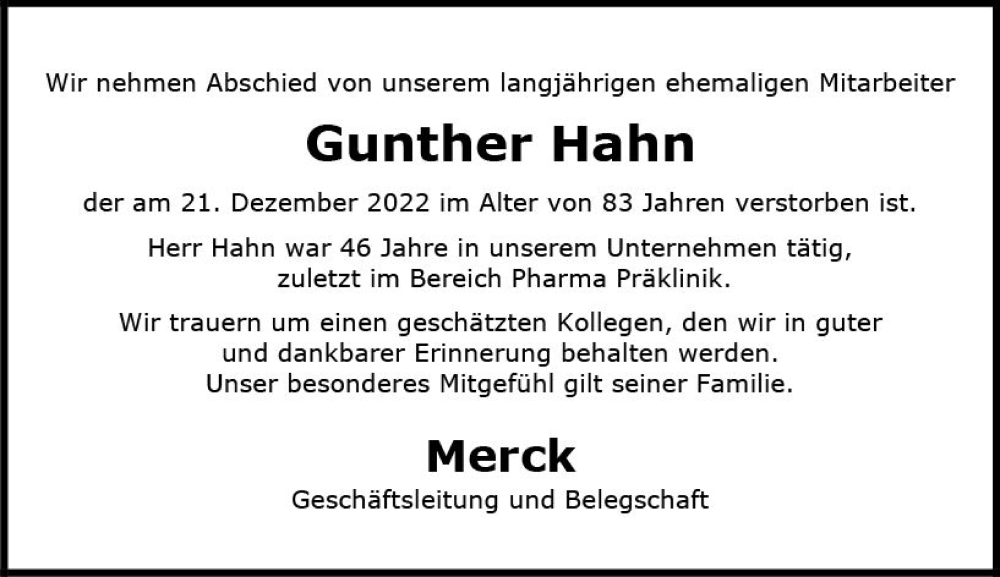  Traueranzeige für Gunther Hahn vom 31.12.2022 aus vrm-trauer Darmstädter Echo