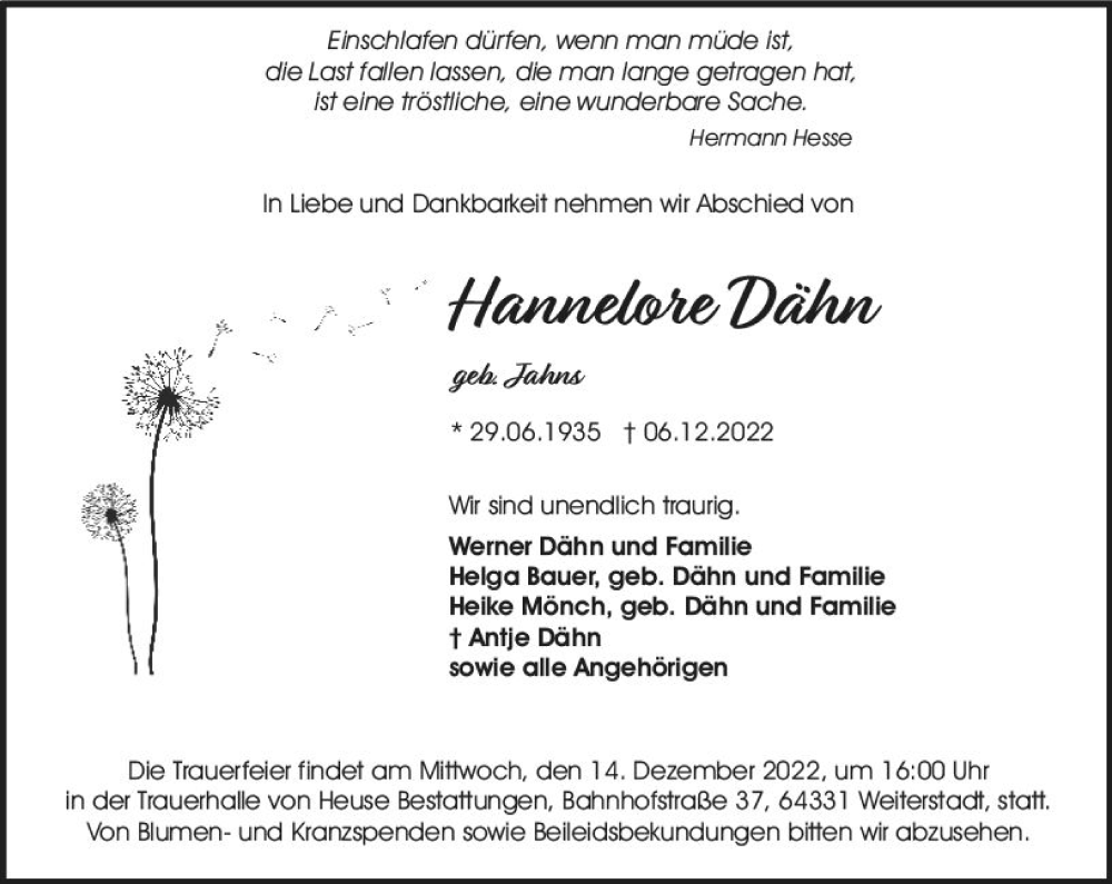  Traueranzeige für Hannelore Dähn vom 10.12.2022 aus vrm-trauer Darmstädter Echo