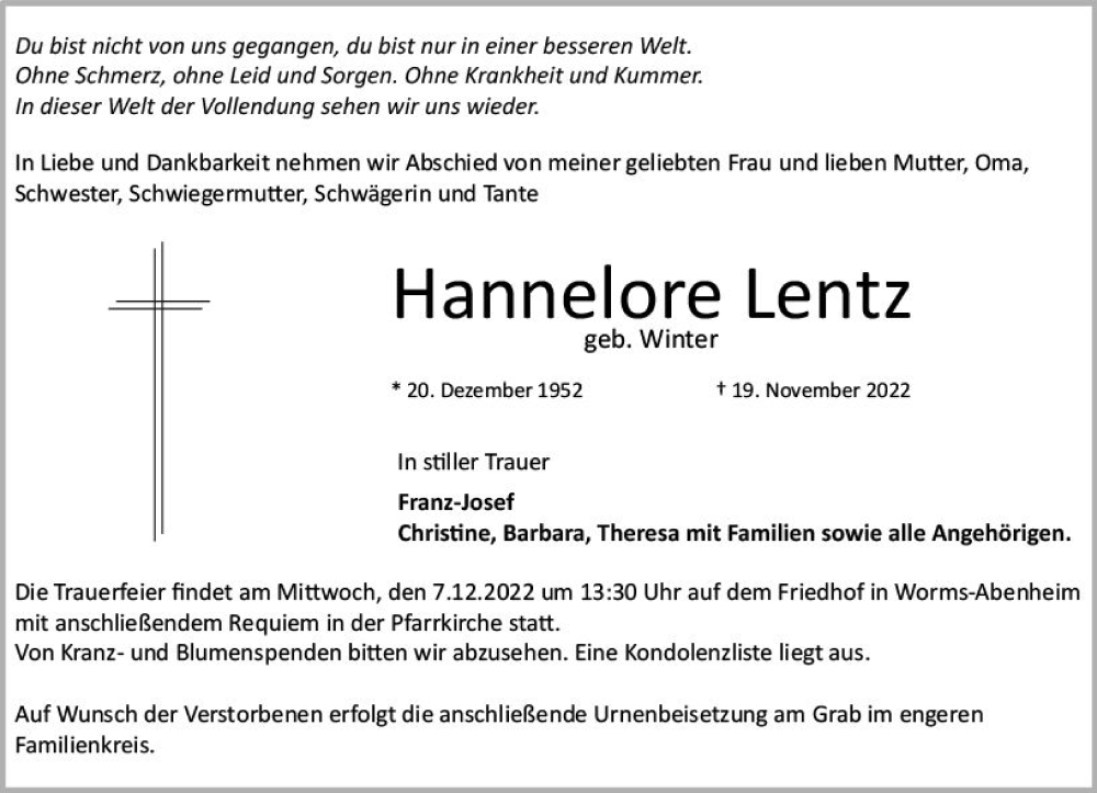  Traueranzeige für Hannelore Lentz vom 03.12.2022 aus vrm-trauer Wormser Zeitung