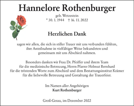 Traueranzeige von Hannelore Rothenburger von vrm-trauer Groß-Gerauer Echo