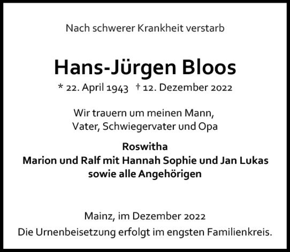  Traueranzeige für Hans-Jürgen Bloos vom 17.12.2022 aus vrm-trauer AZ Mainz