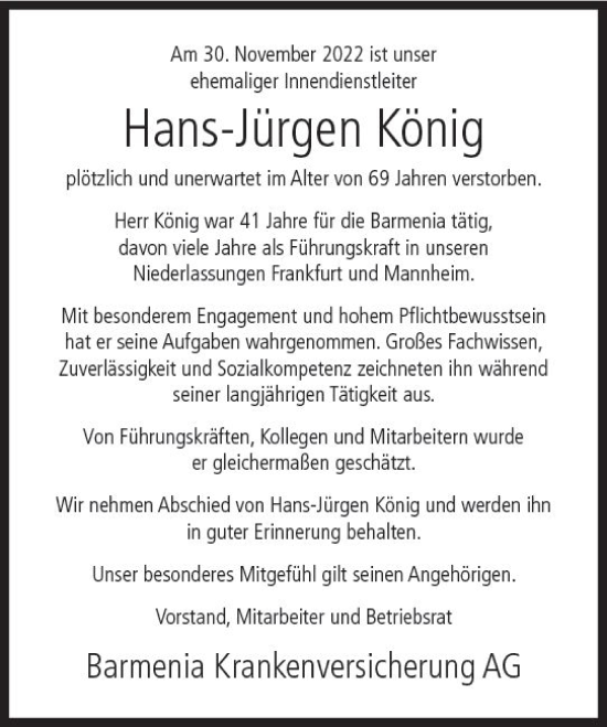 Traueranzeige von Hans-Jürgen König von vrm-trauer Wormser Zeitung