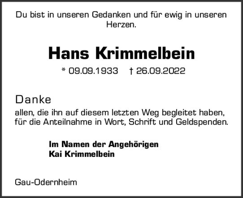  Traueranzeige für Hans Krimmelbein vom 17.12.2022 aus vrm-trauer Allgemeine Zeitung Alzey