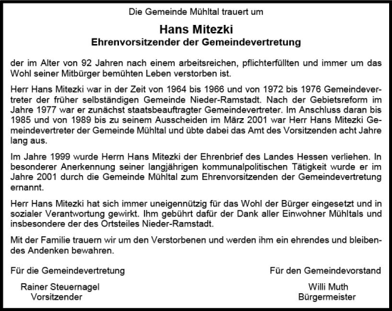 Traueranzeige von Hans Mitezki von vrm-trauer Darmstädter Echo