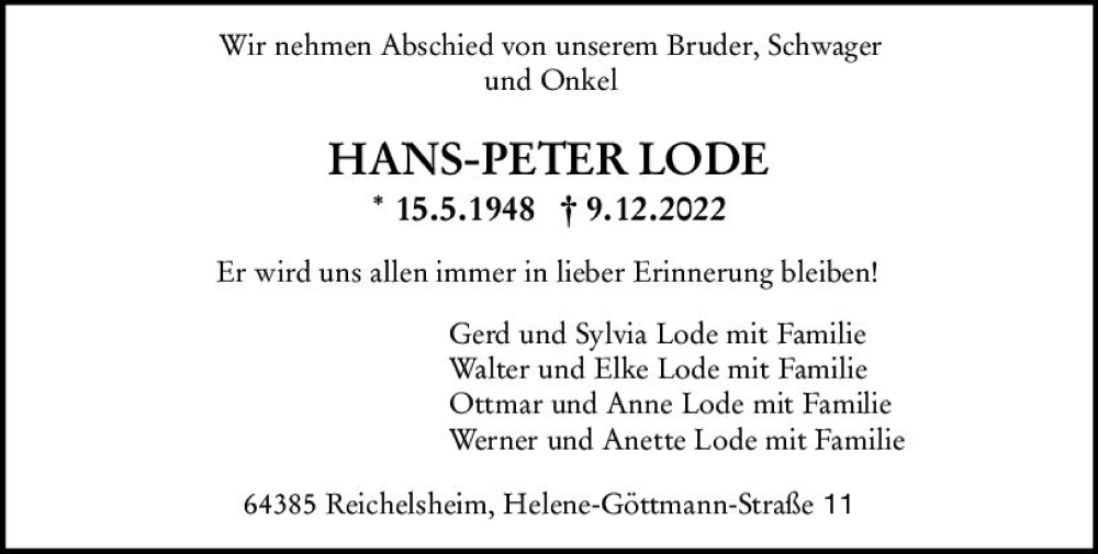  Traueranzeige für Hans-Peter Lode vom 15.12.2022 aus vrm-trauer Odenwälder Echo