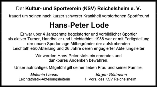 Traueranzeige von Hans-Peter Lode von vrm-trauer Odenwälder Echo