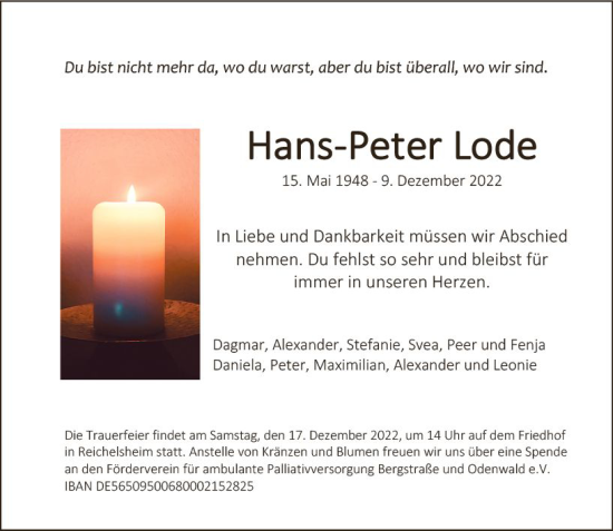 Traueranzeige von Hans-Peter Lode von vrm-trauer Odenwälder Echo