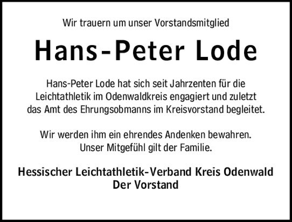  Traueranzeige für Hans-Peter Lode vom 17.12.2022 aus vrm-trauer Odenwälder Echo
