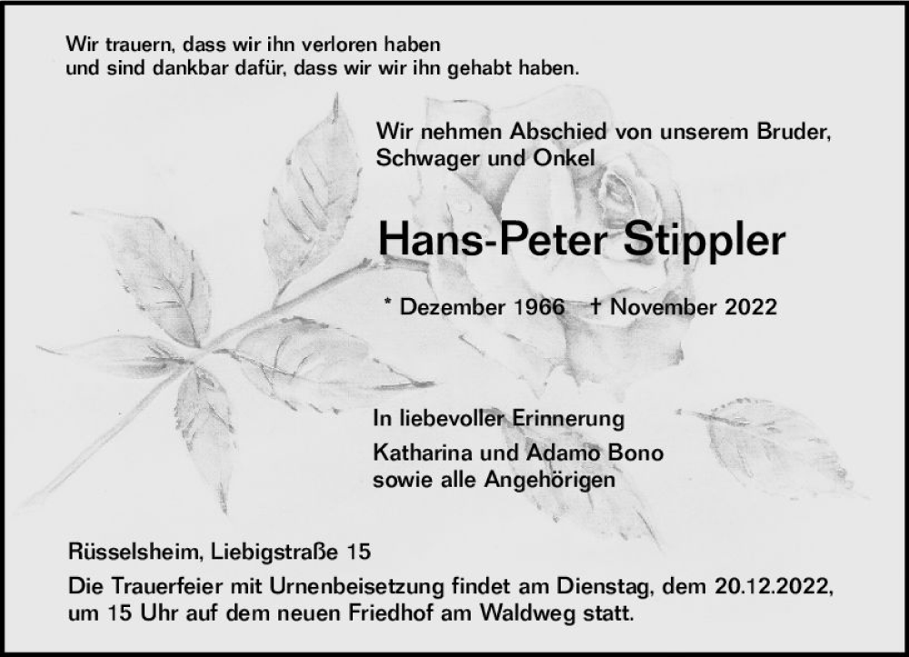  Traueranzeige für Hans-Peter Stippler vom 10.12.2022 aus vrm-trauer Rüsselsheimer Echo / MainSpitze
