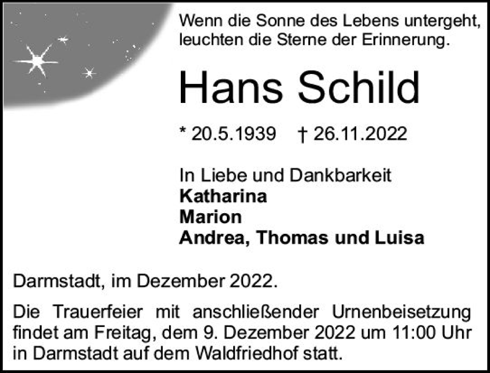  Traueranzeige für Hans Schild vom 03.12.2022 aus vrm-trauer Darmstädter Echo
