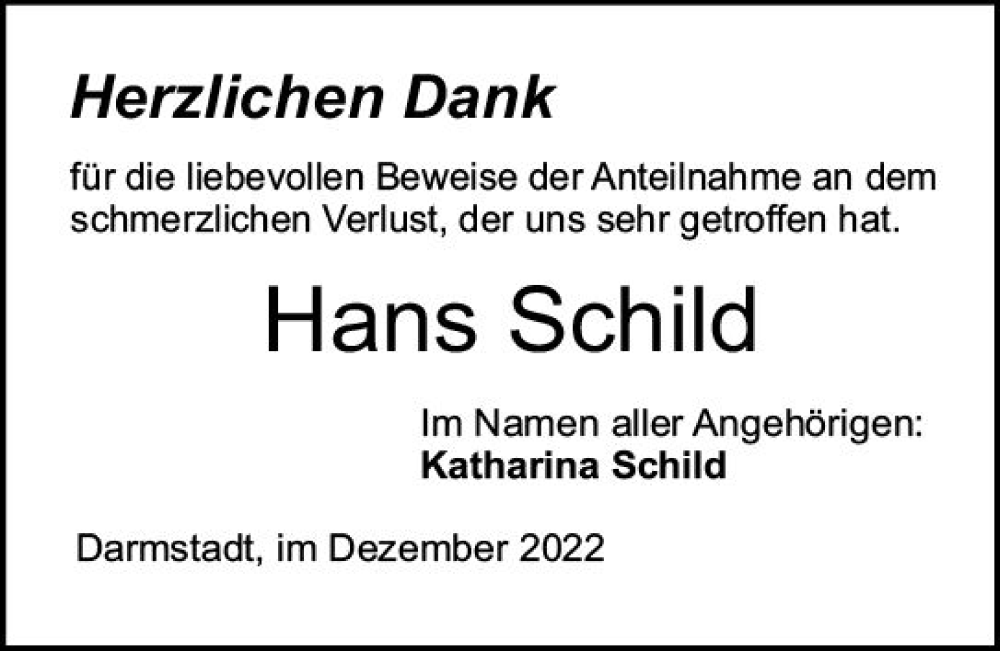  Traueranzeige für Hans Schild vom 17.12.2022 aus vrm-trauer Darmstädter Echo