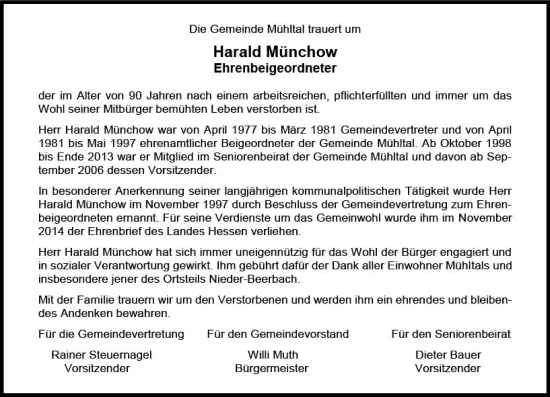 Traueranzeige von Harald Münchow von vrm-trauer Darmstädter Echo