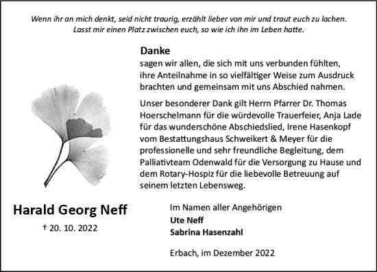 Traueranzeige von Harald Georg Neff von vrm-trauer Odenwälder Echo