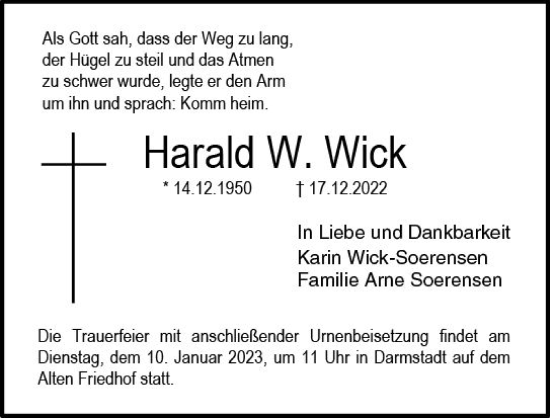 Traueranzeige von Harald W. Wick von vrm-trauer Darmstädter Echo