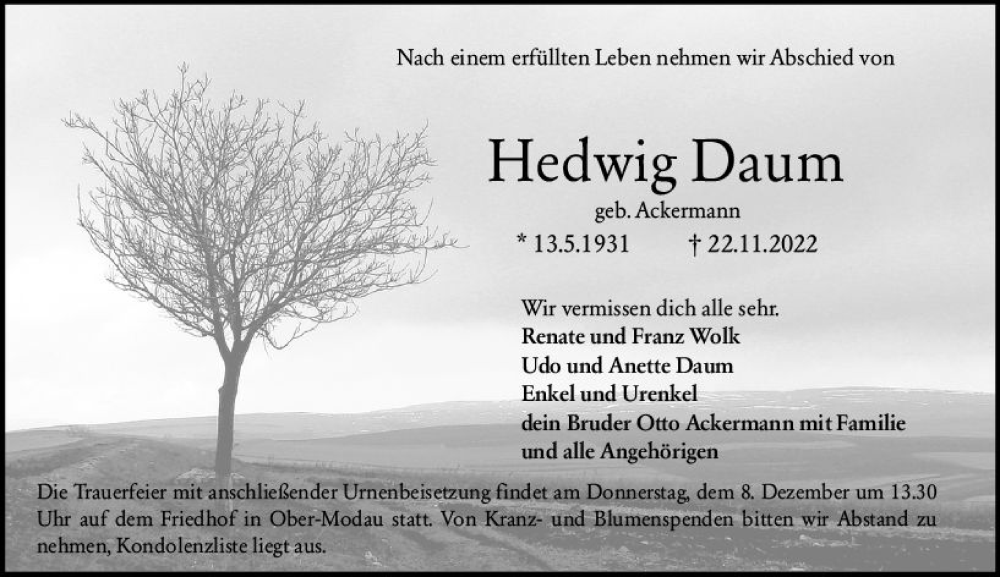  Traueranzeige für Hedwig Daum vom 03.12.2022 aus vrm-trauer Darmstädter Echo