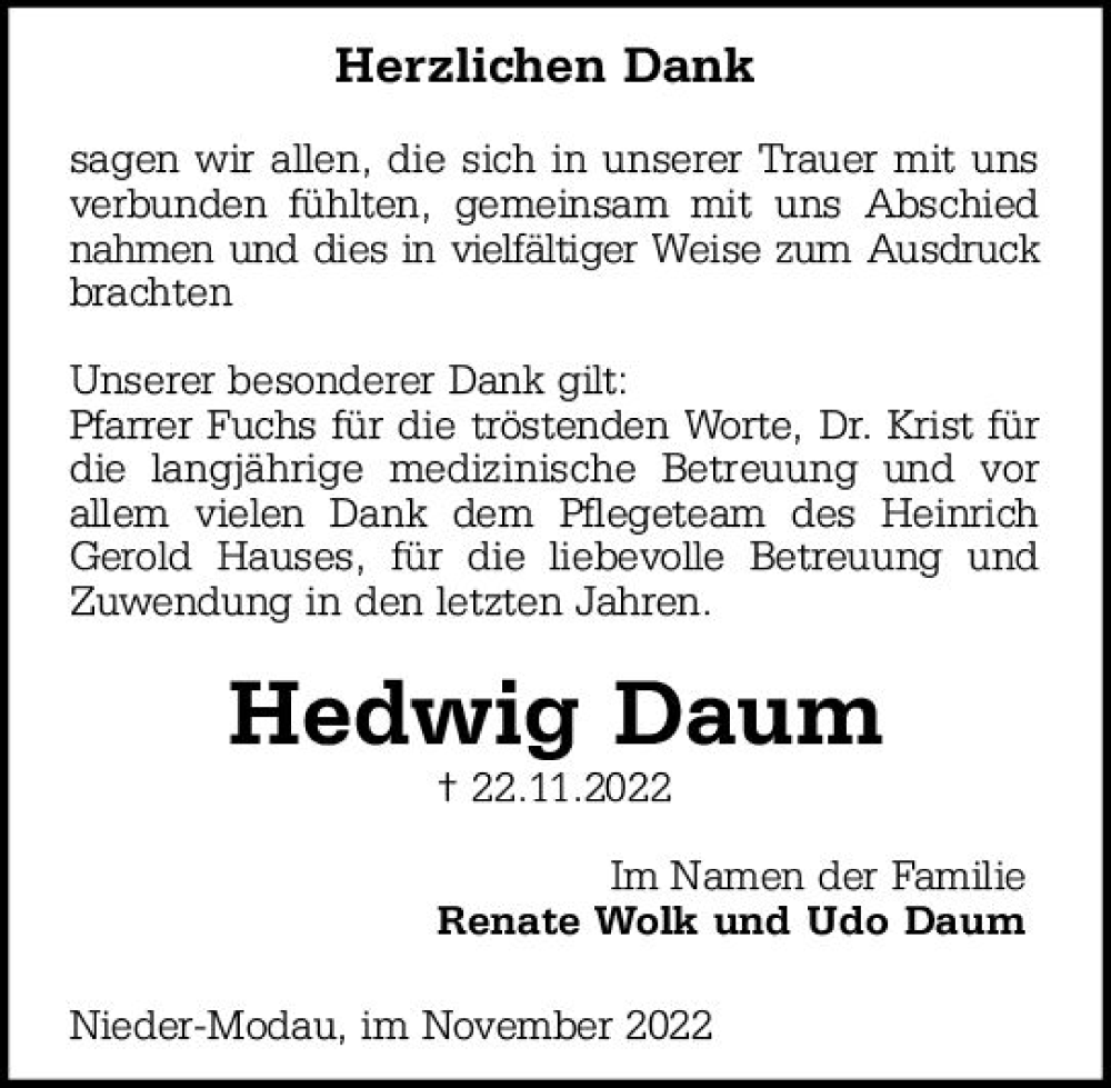  Traueranzeige für Hedwig Daum vom 17.12.2022 aus vrm-trauer Darmstädter Echo