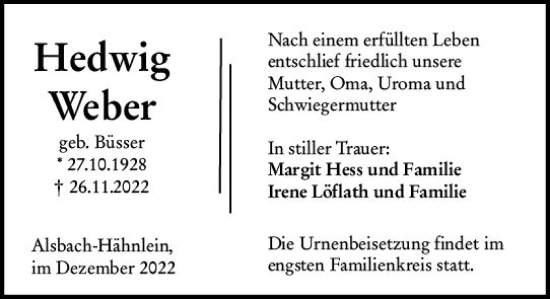 Traueranzeige von Hedwig Weber von vrm-trauer Darmstädter Echo