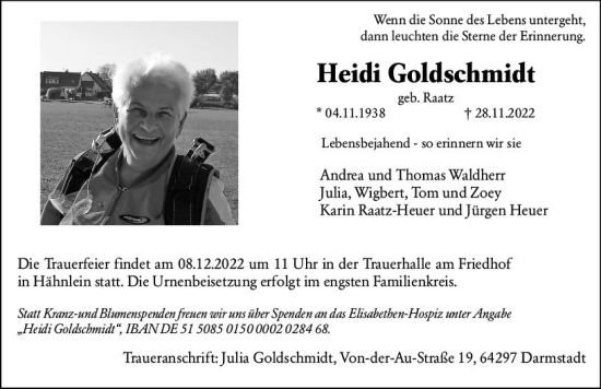 Traueranzeige von Heidi Goldschmidt von vrm-trauer Darmstädter Echo