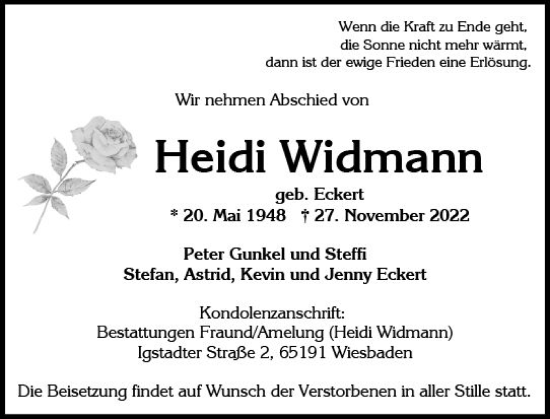 Traueranzeige von Heidi Widmann von vrm-trauer Wiesbadener Kurier