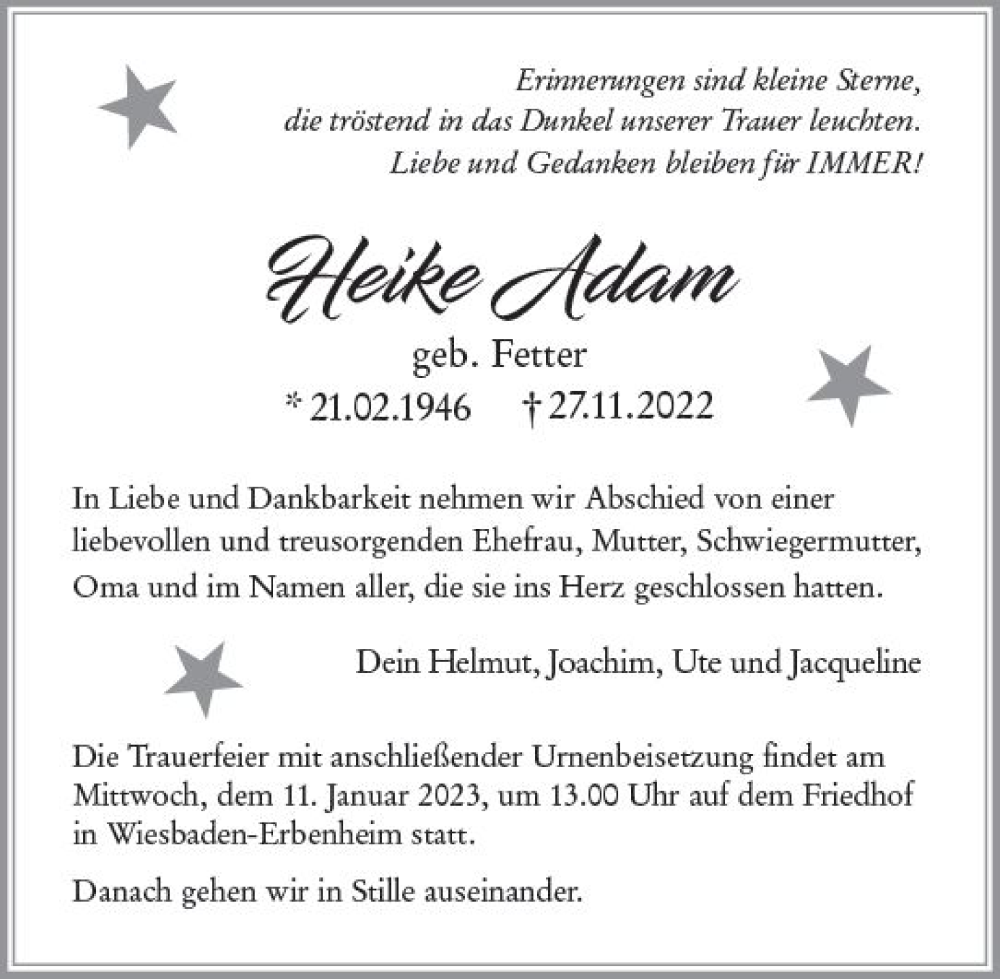  Traueranzeige für Heike Adam vom 03.12.2022 aus vrm-trauer Wiesbadener Kurier