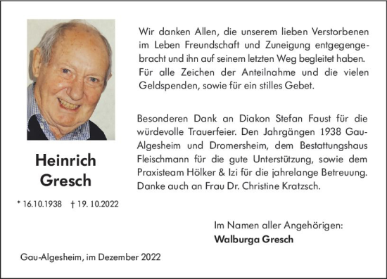 Traueranzeige von Heinrich Gresch von vrm-trauer Allgemeine  Zeitung Ingelheim-Bingen