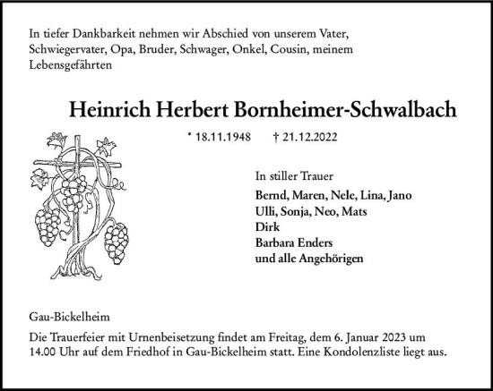 Traueranzeige von Heinrich Herbert Bornheimer-Schwalbach von vrm-trauer Allgemeine  Zeitung Ingelheim-Bingen