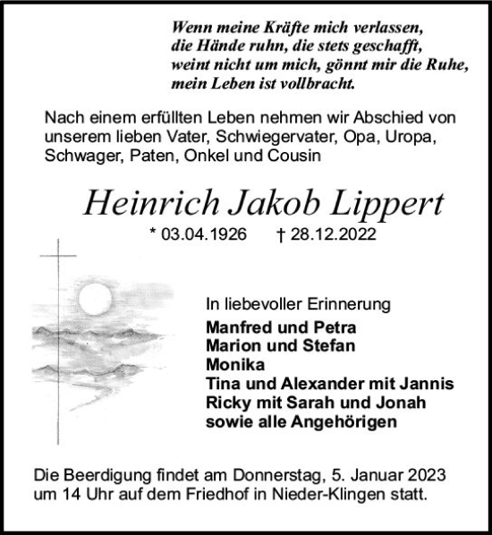 Traueranzeige von Heinrich Jakob Lippert von vrm-trauer Darmstädter Echo