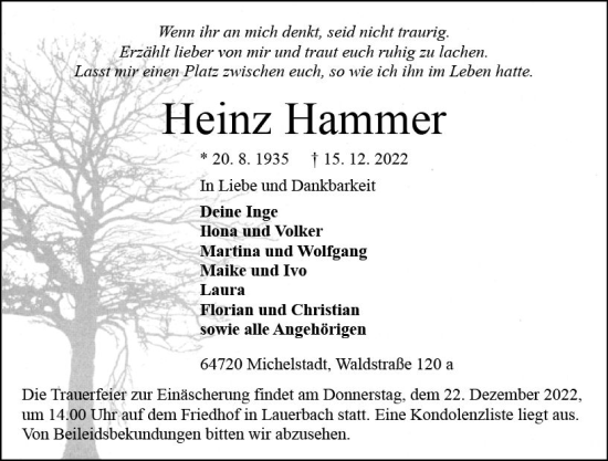 Traueranzeige von Heinz Hammer von vrm-trauer Odenwälder Echo