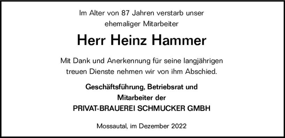  Traueranzeige für Heinz Hammer vom 21.12.2022 aus vrm-trauer Odenwälder Echo