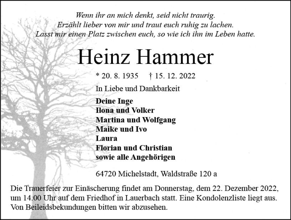  Traueranzeige für Heinz Hammer vom 17.12.2022 aus vrm-trauer Odenwälder Echo
