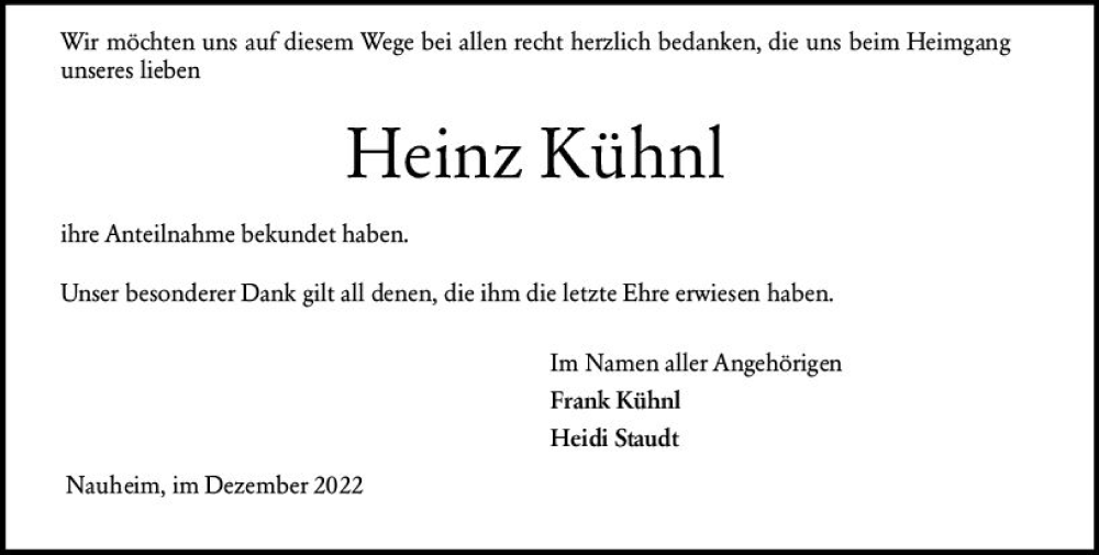  Traueranzeige für Heinz Kühnl vom 28.12.2022 aus vrm-trauer Rüsselsheimer Echo / MainSpitze