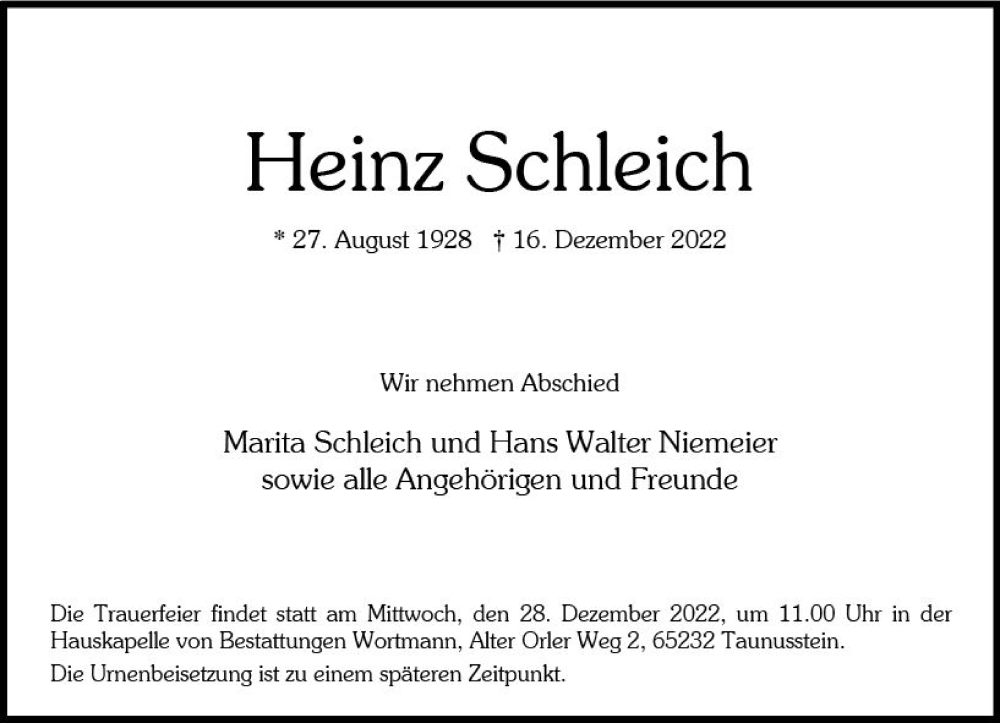  Traueranzeige für Heinz Schleich vom 24.12.2022 aus vrm-trauer Wiesbadener Kurier