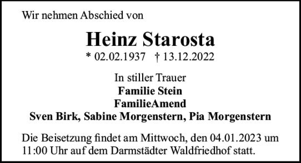  Traueranzeige für Heinz Starosta vom 17.12.2022 aus vrm-trauer Darmstädter Echo