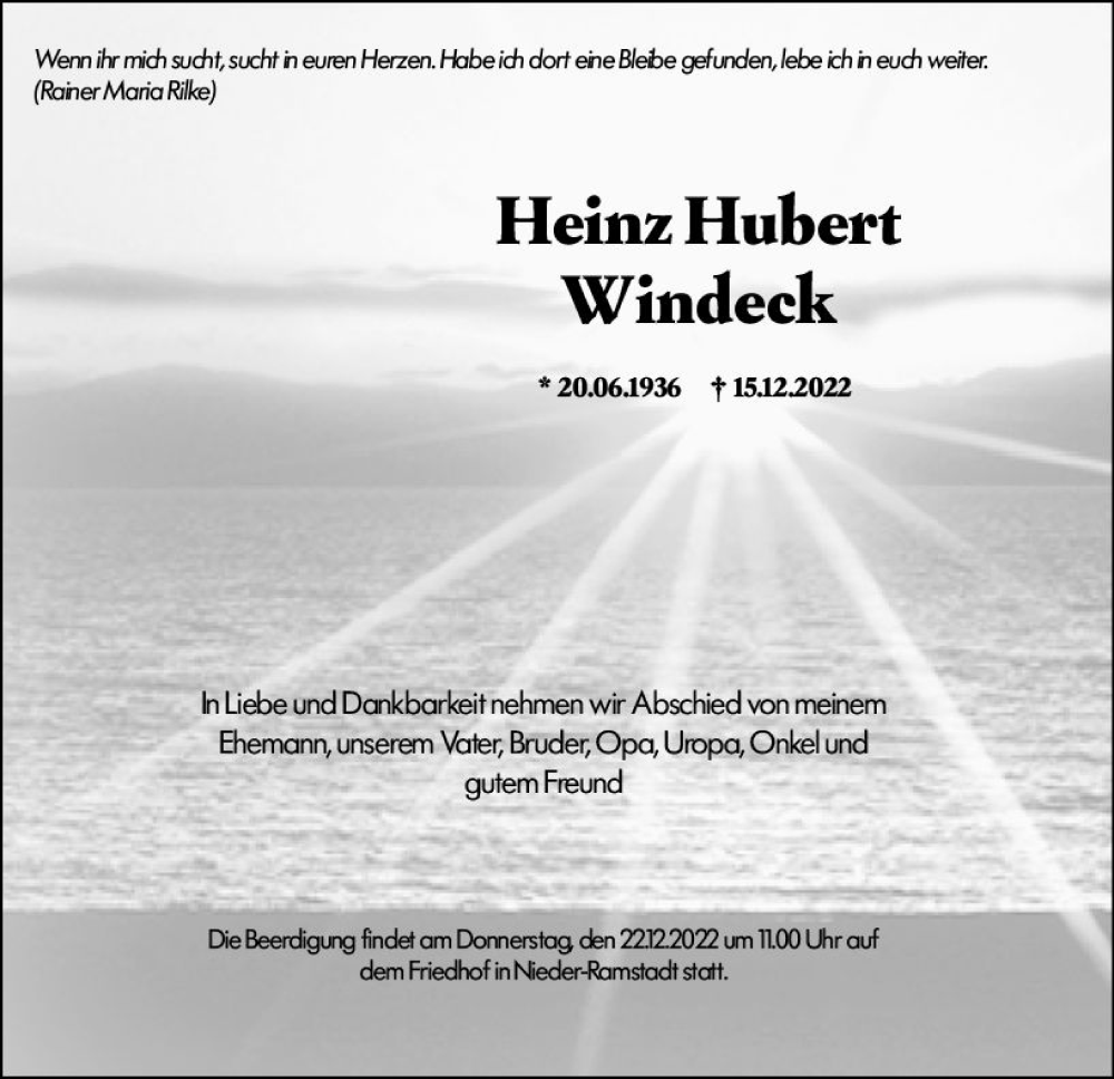  Traueranzeige für Heinz Hubert Windeck vom 19.12.2022 aus vrm-trauer Darmstädter Echo