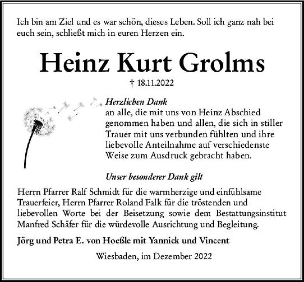  Traueranzeige für Heinz Kurt Grolms vom 24.12.2022 aus vrm-trauer Wiesbadener Kurier