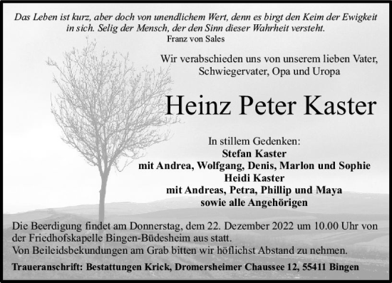 Traueranzeige von Heinz Peter Kaster von vrm-trauer Allgemeine  Zeitung Ingelheim-Bingen