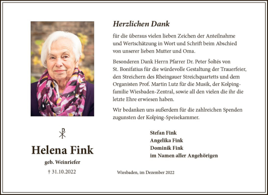 Traueranzeige von Helena Fink von vrm-trauer Wiesbadener Kurier