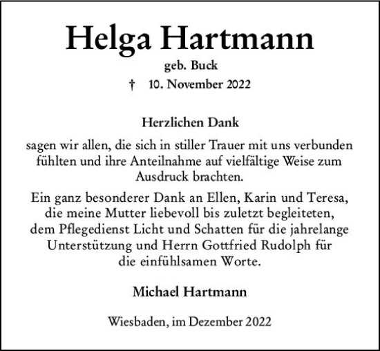 Traueranzeige von Helga Hartmann von vrm-trauer Wiesbadener Kurier