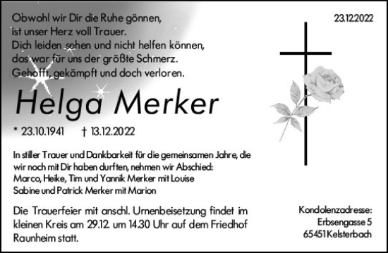 Traueranzeige von Helga Merker von vrm-trauer Rüsselsheimer Echo / MainSpitze