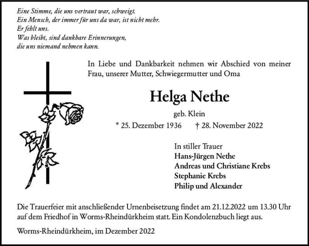  Traueranzeige für Helga Nethe vom 17.12.2022 aus vrm-trauer Wormser Zeitung