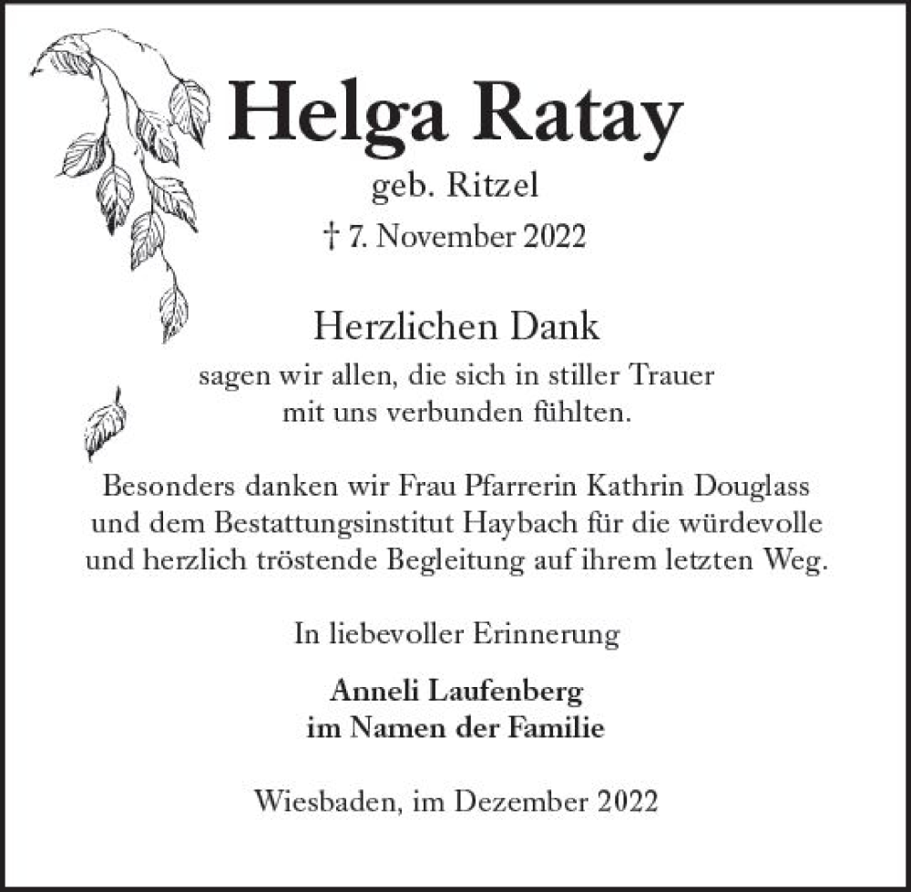  Traueranzeige für Helga Ratay vom 03.12.2022 aus vrm-trauer Wiesbadener Kurier