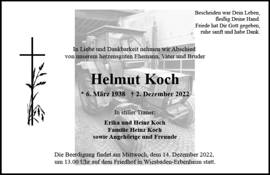 Traueranzeige von Helmut Koch von vrm-trauer Wiesbadener Kurier