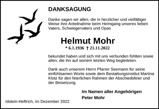 Traueranzeige von Helmut Mohr von vrm-trauer Idsteiner Zeitung