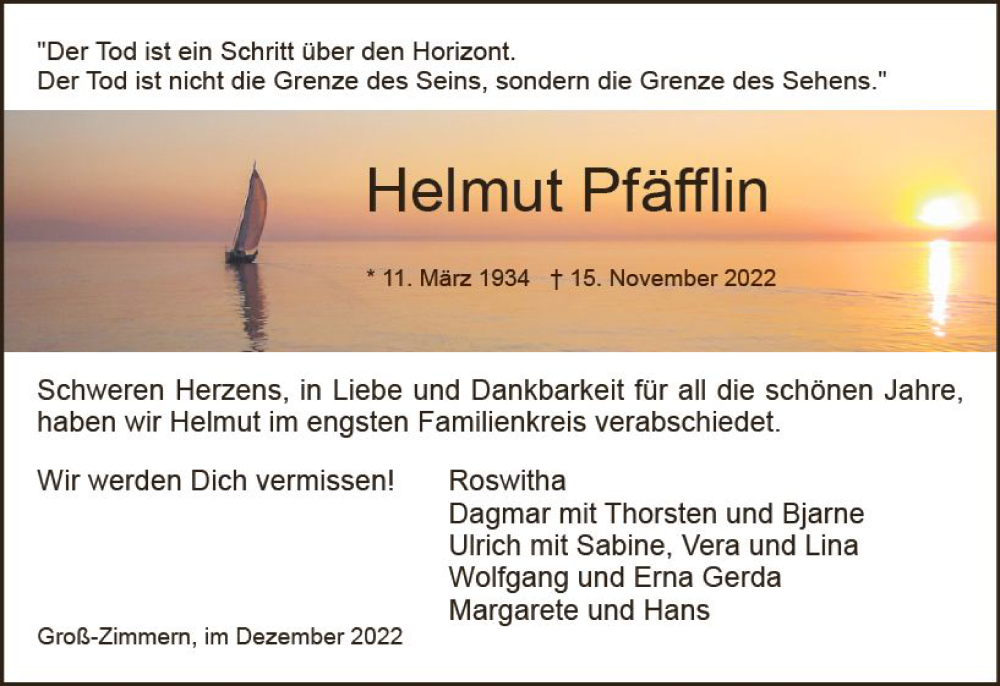  Traueranzeige für Helmut Pfäfflin vom 10.12.2022 aus vrm-trauer Darmstädter Echo