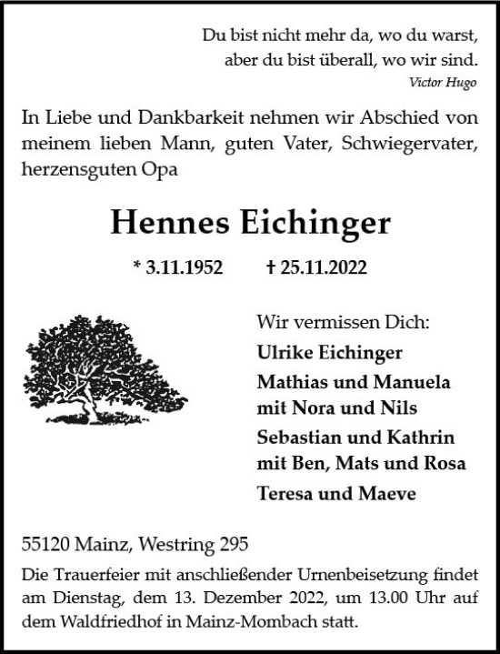 Traueranzeige von Hennes Eichinger von vrm-trauer AZ Mainz